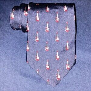 Vintage Dave the Cat Necktie Blue Red Electric Guitar Print Mens Made in USA